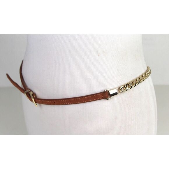 SKINNY BROWN LEATHER SILVER CHAIN 3/8"Wd DRESS WOMEN'S BELT Sz L-XL (B7 - Picture 3 of 10